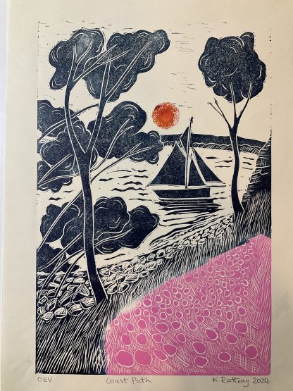 Cornish coast path Lino cut print