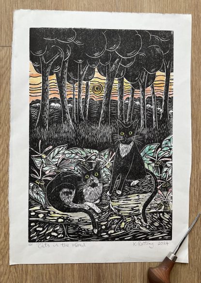 Cats in the wood Lino print - Image 2
