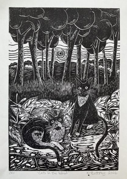 Cats in the wood Lino print - Image 3