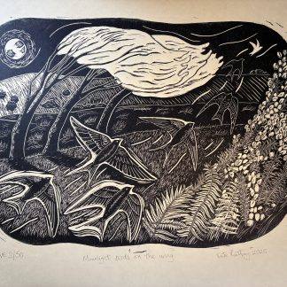 Flying birds in moonlight lino print