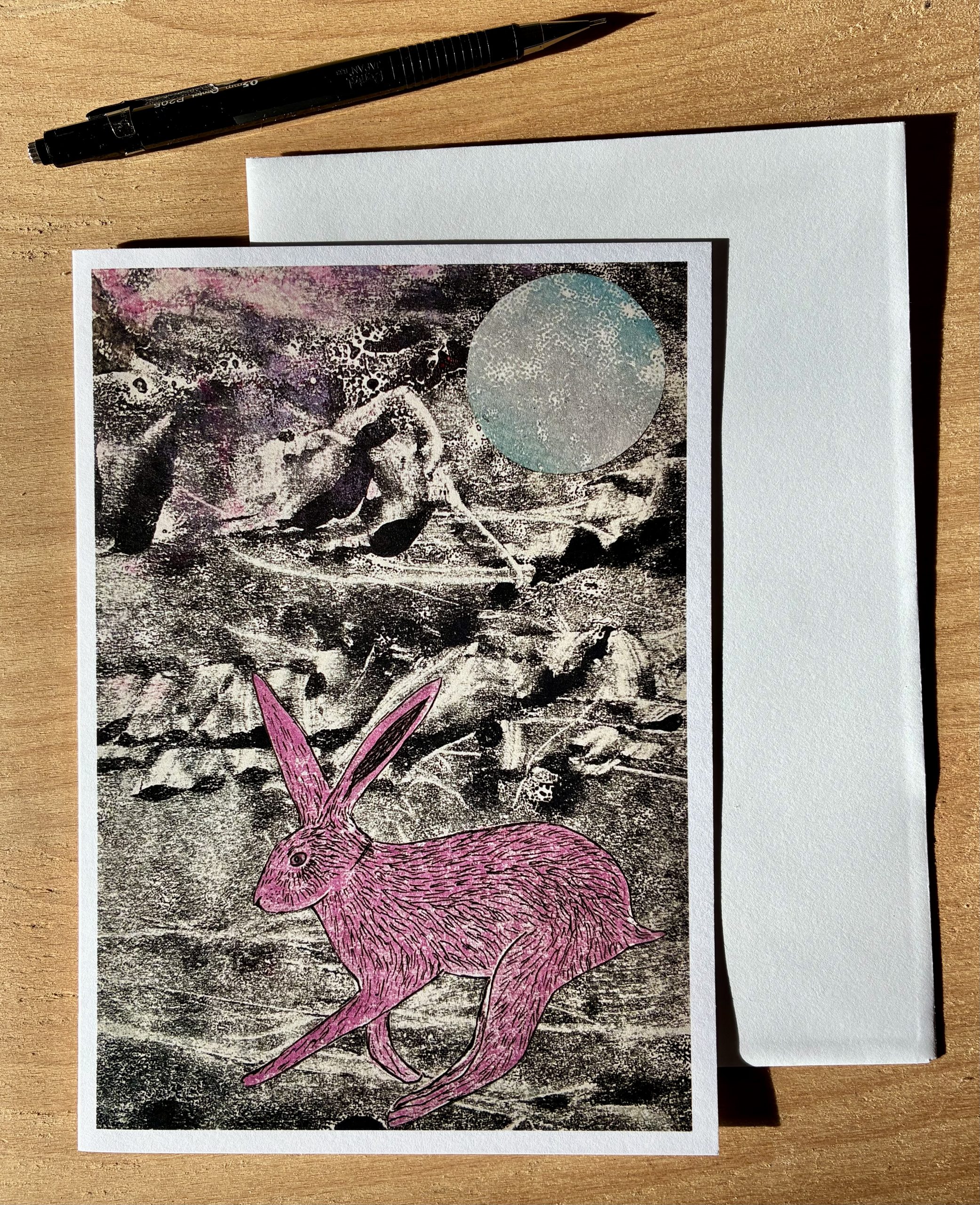 Pink Hare at Full Moon greeting card