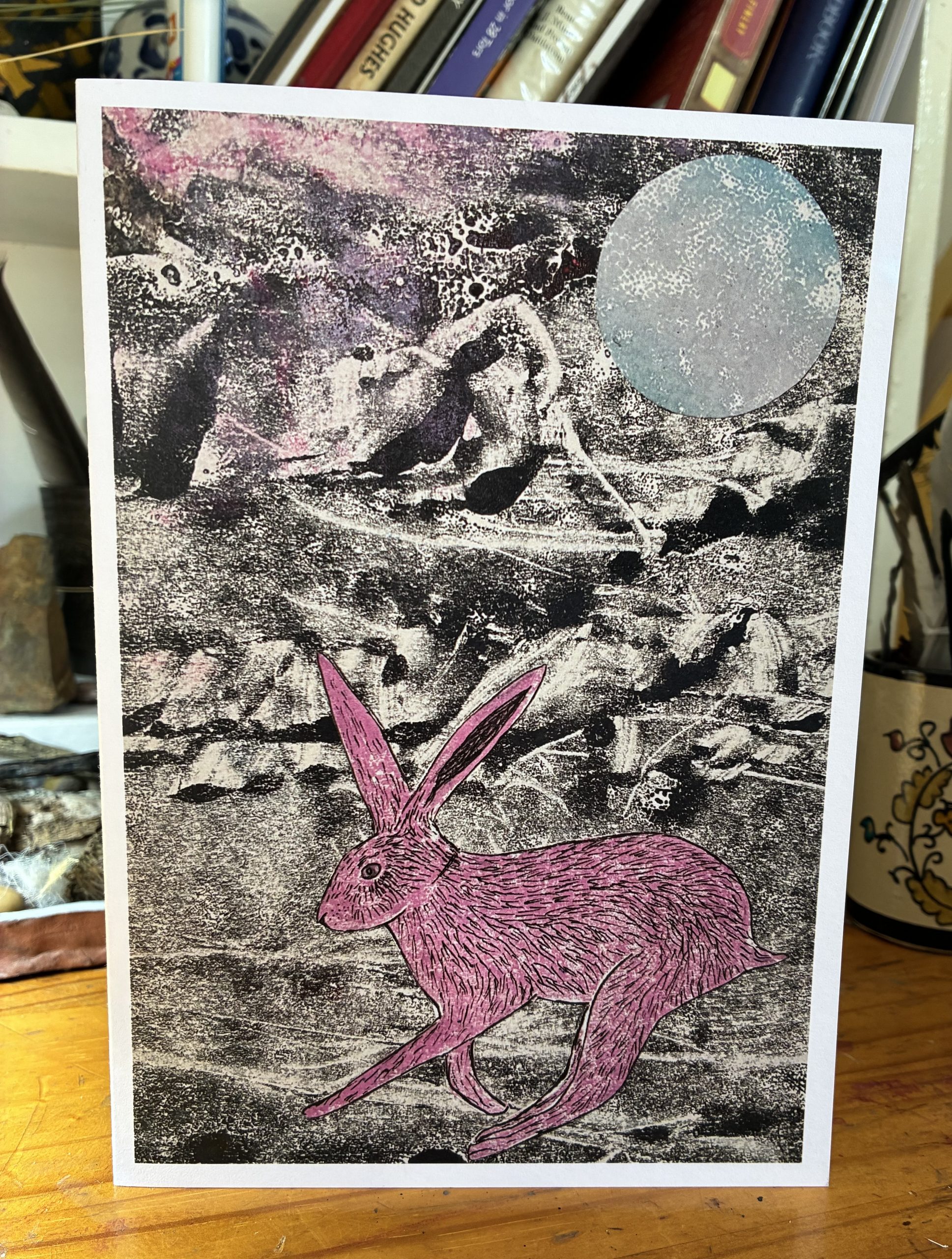 Pink Hare at Full Moon greeting card - Image 2